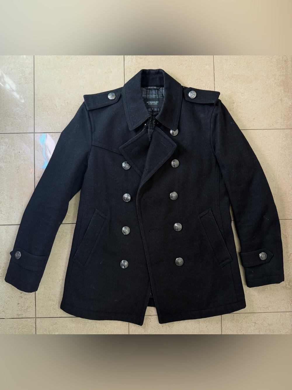 BURBERRY BLACK LABEL Men's Wool Military Peacoat Double Breasted -Black- Size M - Picture 3 of 9